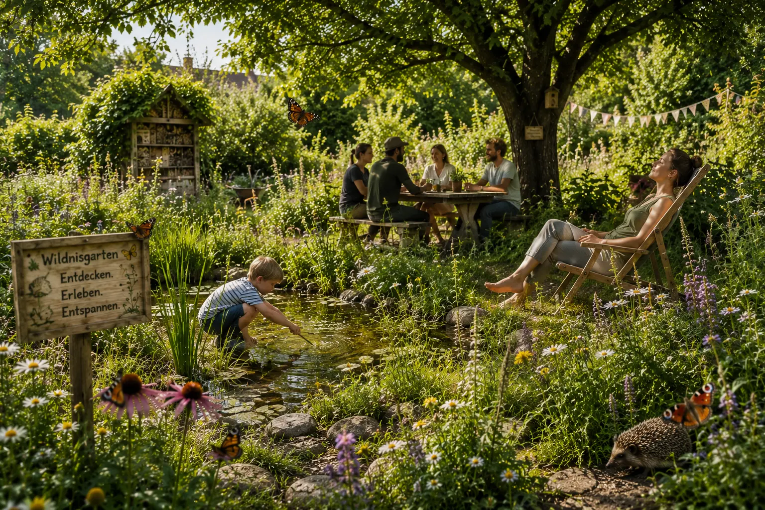 Wildnisgarten mit Teich, Totholz, Wildblumen, spielendem Kind und einer Frau im Liegestuhl