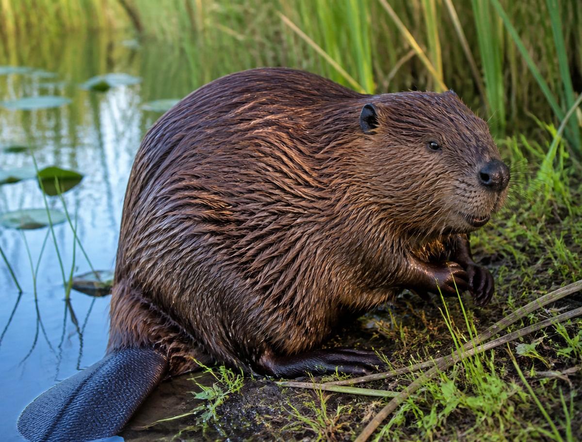 Europäischer Biber am Ufer eines naturnahen Teiches