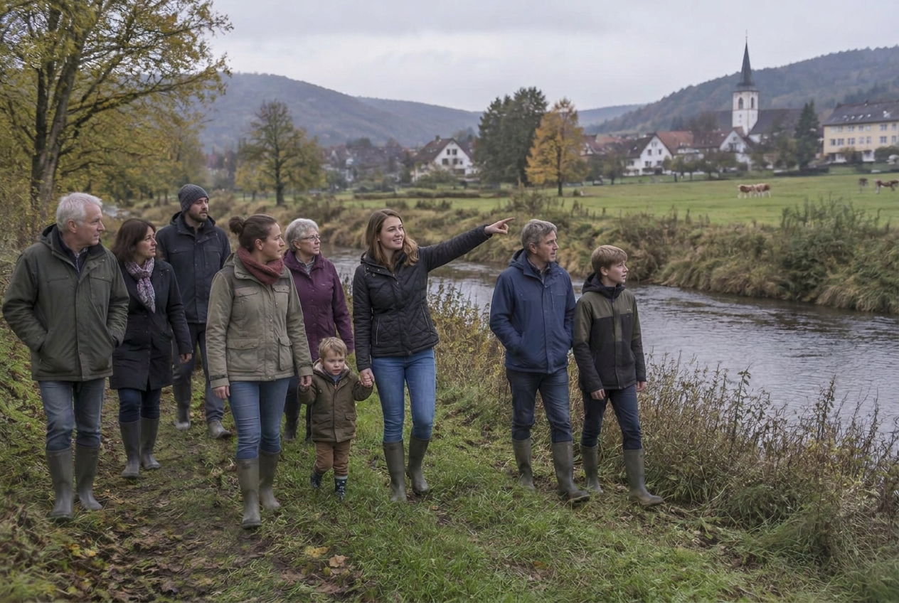Menschen gehen planend durch eine Landschaft, im Hintergrund ein Dorf mit Kirche