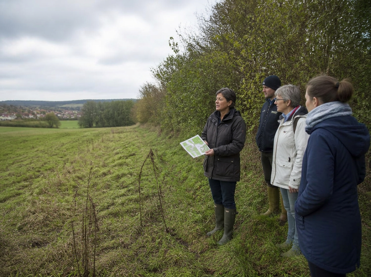 Menschen prüfen mit einem Plan eine Wiese und eine Heckenlandschaft vor Ort