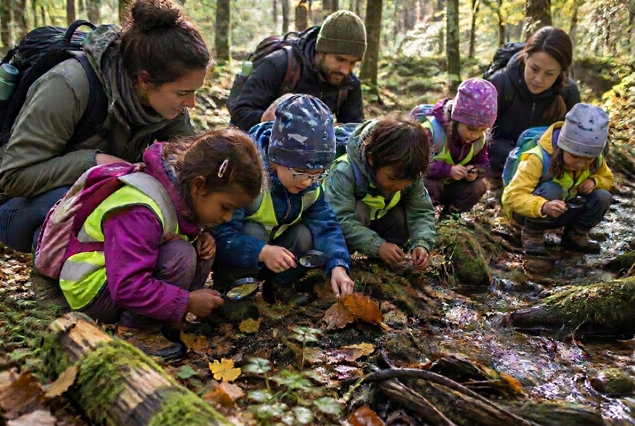 Eine kleine gemischte Gruppe aus Kindern und Erwachsenen mit einer Naturpädagogin entdeckt gemeinsam am Waldboden und an einem Bach