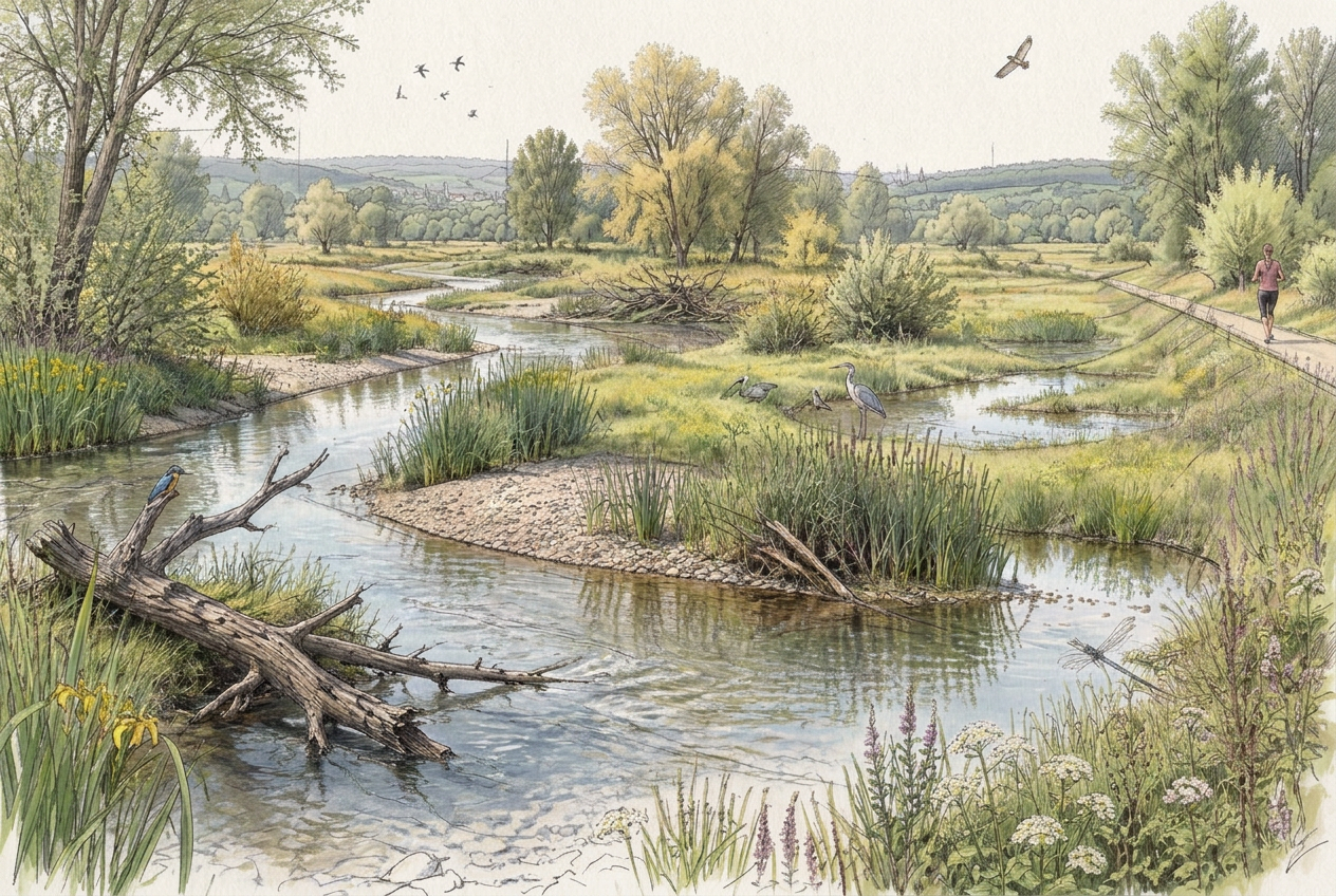 Illustration eines renaturierten Bachlaufs mit Aue, Feuchtwiesen, Totholz, vielfältiger Ufervegetation und einer Joggerin