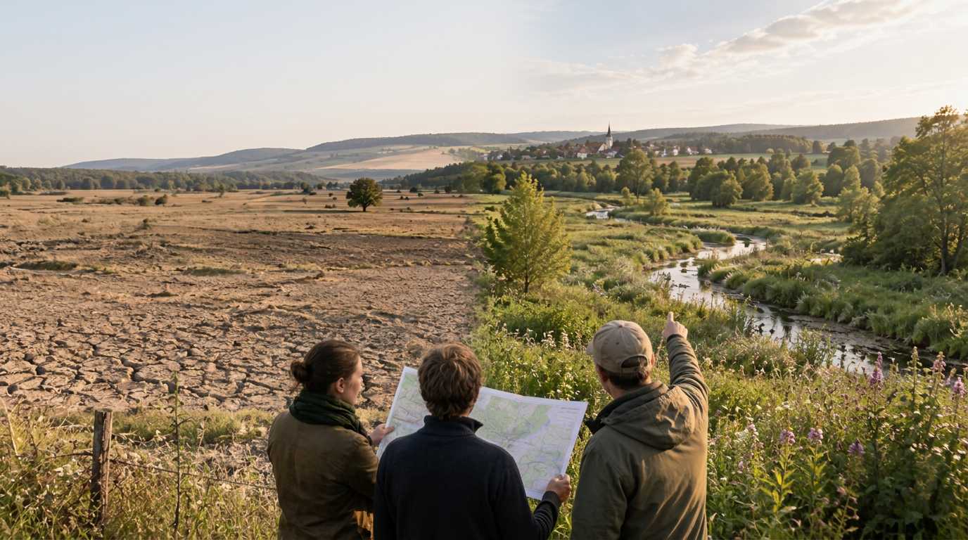 Drei Menschen betrachten mit einer Karte eine trockene Wiese und einen naturnahen Bach in einer Dorflandschaft