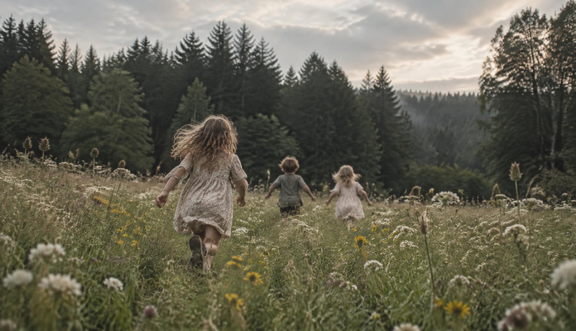 Kinder laufen durch eine blühende Wiese auf einen dunklen Waldrand zu
