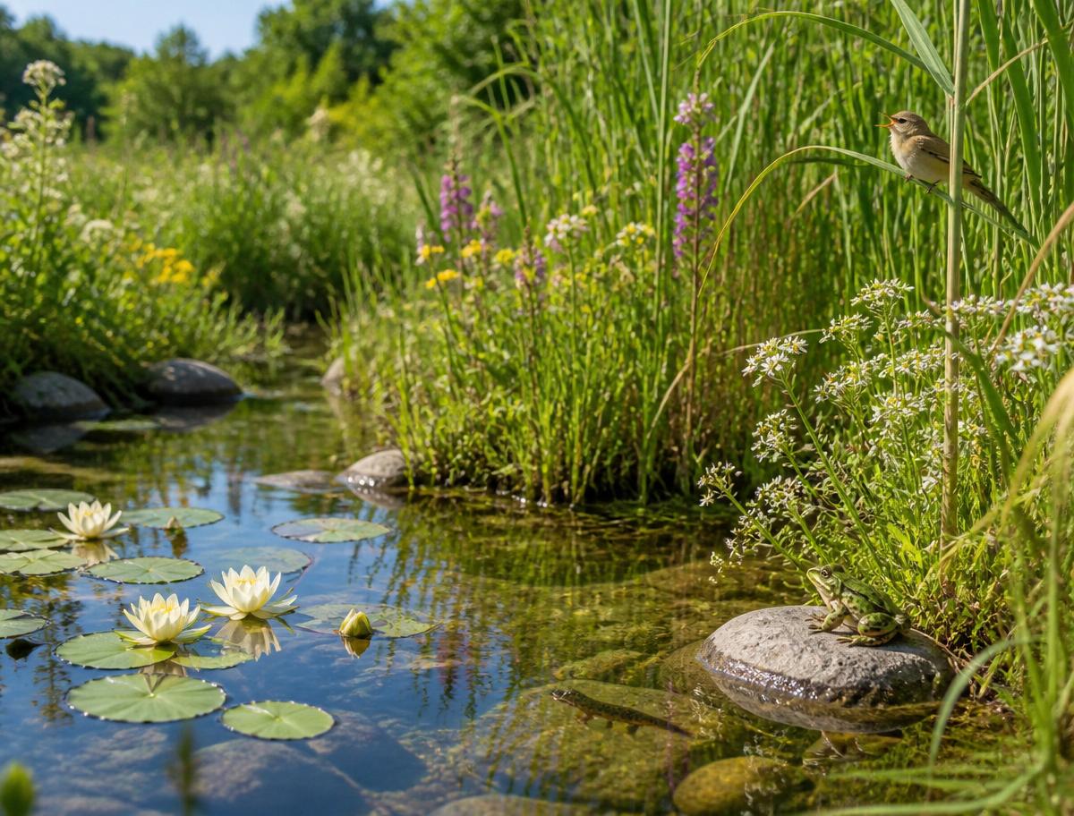 Kleiner naturnaher Teich mit Schilf und Wasserinsekten