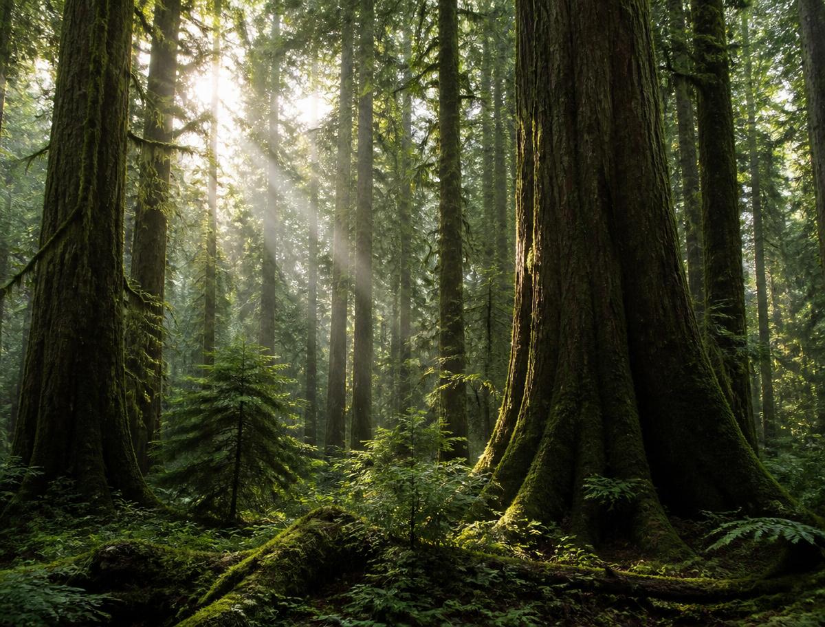 Urwald mit moosbedeckten Bäumen und sonnendurchflutetem Laubdach