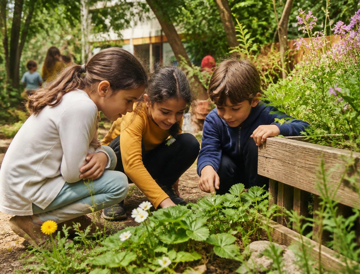 Kinder in einer grünen Ecke des Schulhofs