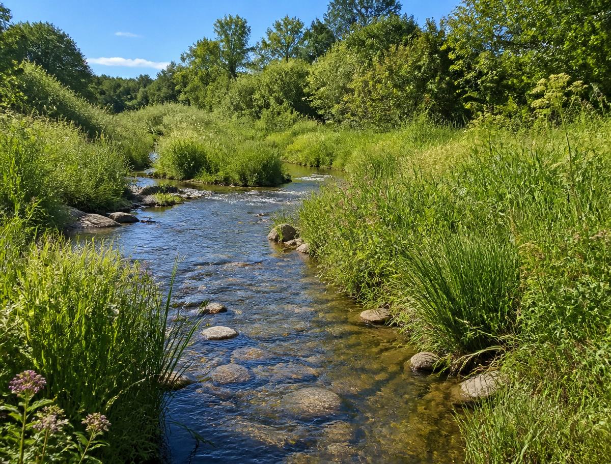 Renaturierter Bach mit geschwungenem Lauf durch eine grüne Wiese