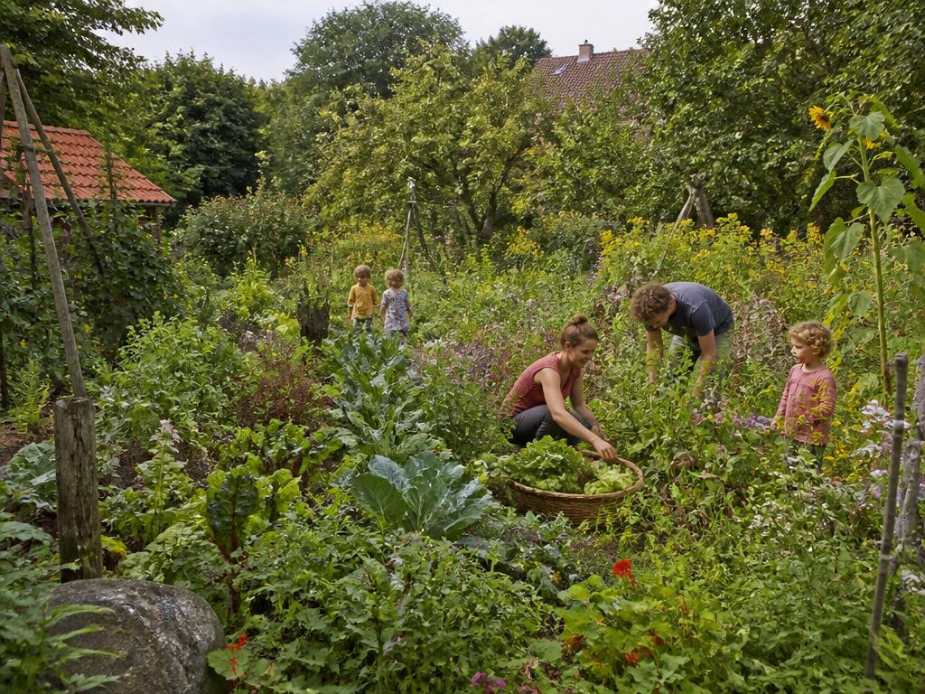 Menschen ernten gemeinsam in einem wilden, vielfältigen Permakulturgarten mit Gemüse, Kräutern, Beerensträuchern, Obstbäumen und Blumen
